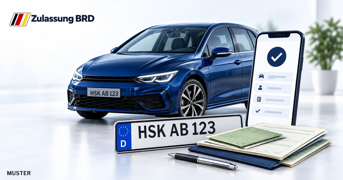 Online Fahrzeugzulassung in Marsberg: Musterkennzeichen HSK AB 123, Auto und Fahrzeugpapiere und Smartphone. Illustration mit Logo von Zulassung BRD.